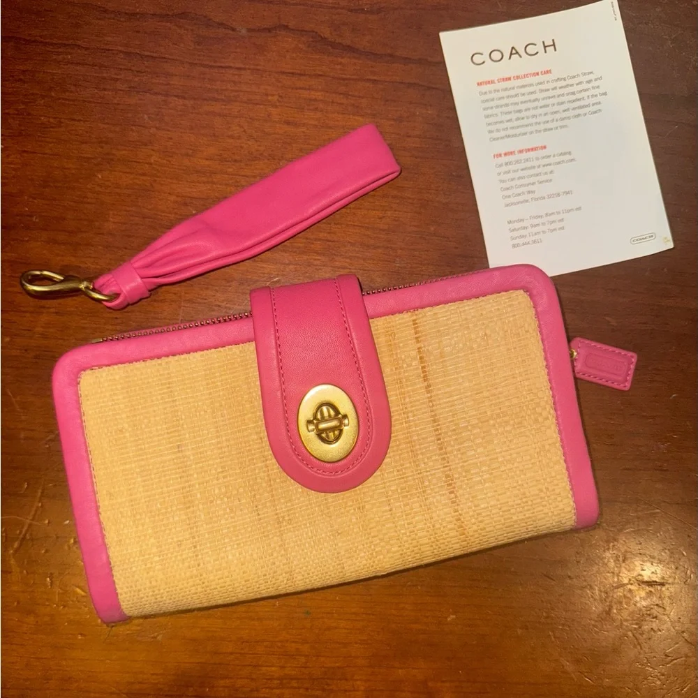 COACH Straw Collection Legacy Wallet Wristlet with Turnlock Bright Pink